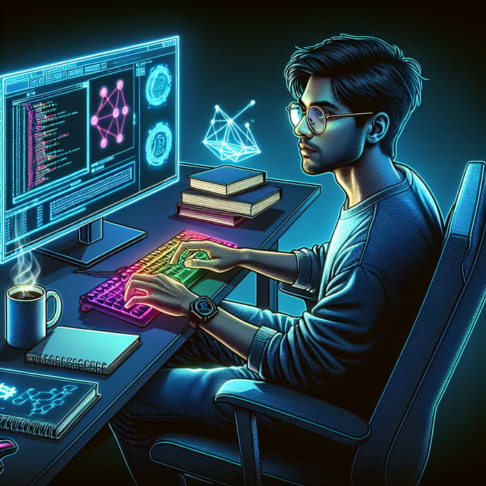 Intense Coding Session: Young Dev at Techno-Modern Desk | Blockchain Focus