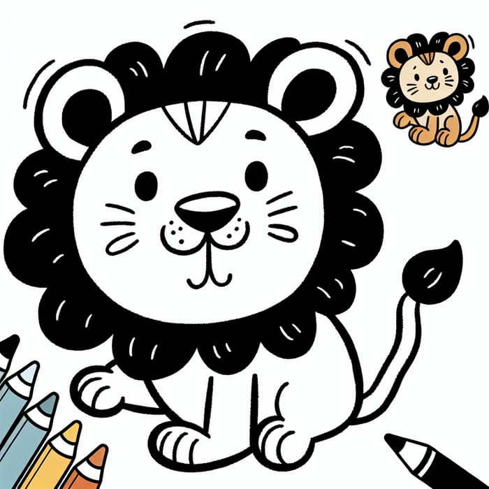 Playful Black-and-White Lion Cartoon for Coloring | Children's Book Style