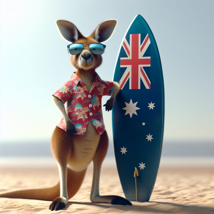 Sunglasses-Clad Kangaroo in Hawaiian Shirt by Australia Flag Surfboard