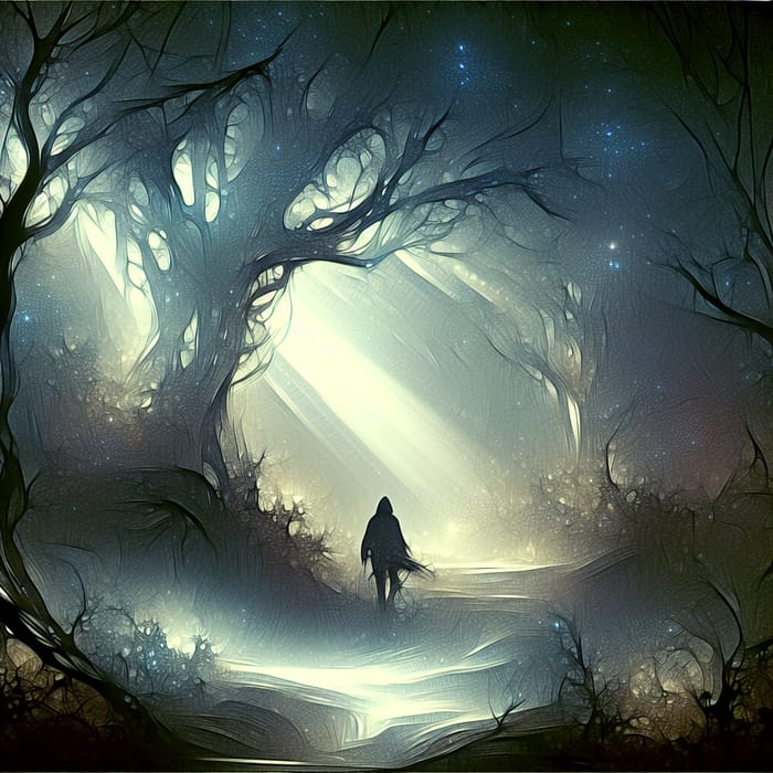 Mysterious Figure in Foggy Ethereal Forest - Watercolor & Digital Art