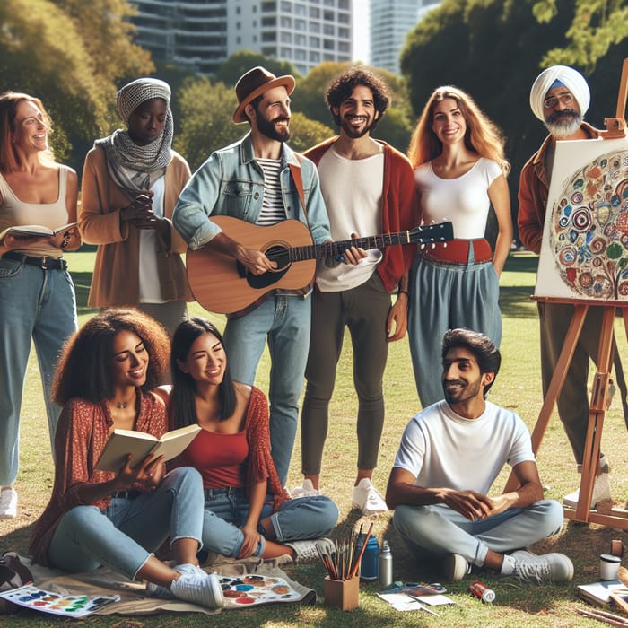 Diverse Group in Park: Art, Music, Yoga, and More