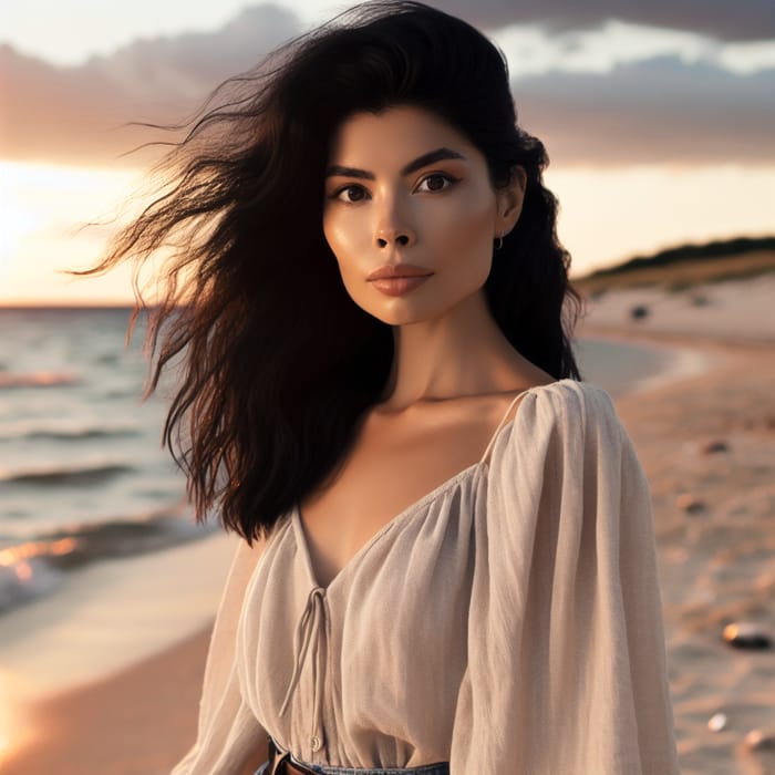 Woman with Black Hair at the Seaside