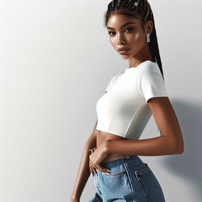 Stylish African American Woman with Box Braids and Diamond Stud Earrings