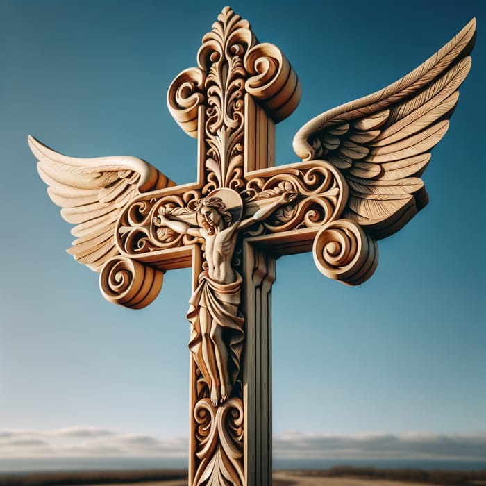 Tranquil Wood Cross with Cherubim Wings Against Blue Sky