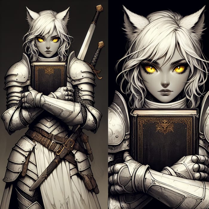 Warrior Girl in White Armor with Yellow Cat Eyes Holding a Book