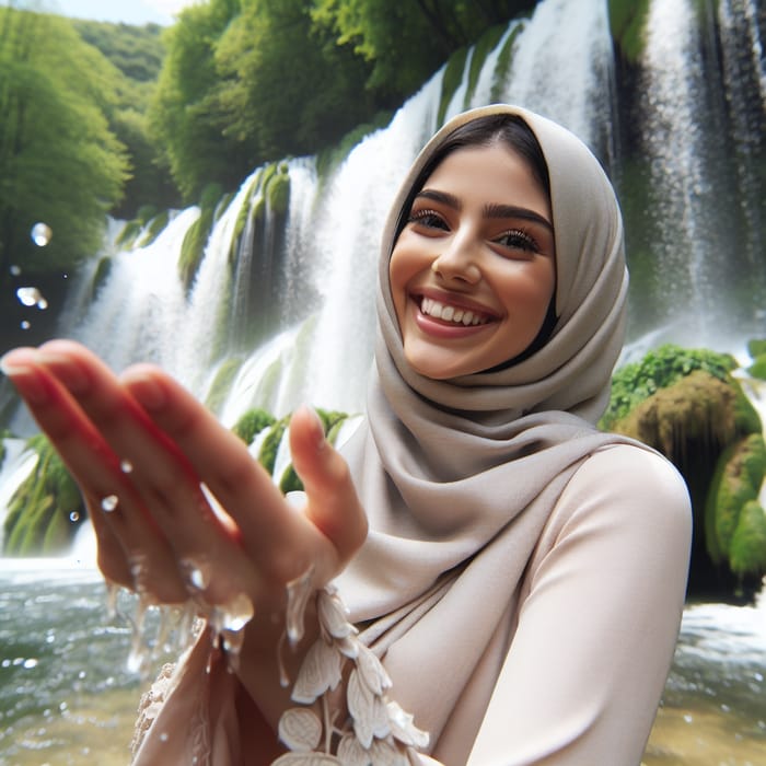 Young Middle-Eastern Woman Reaching Waterfall Joy