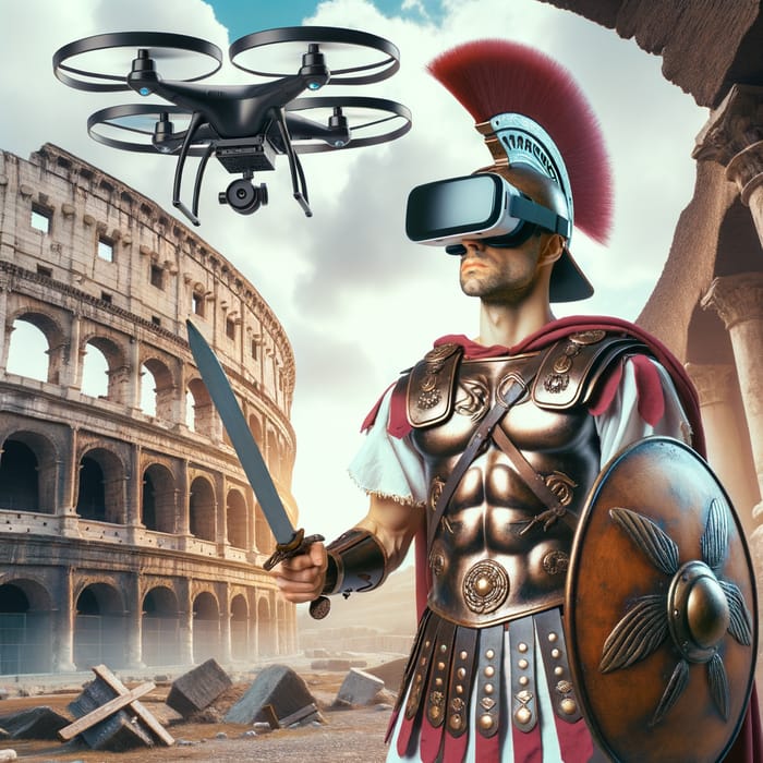 Roman VR Warrior at Colosseum with Shield, Sword, and FPV Drone Attack