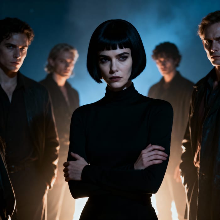 Moody Group Portrait with Enigmatic Central Figure Moody Group Portrait with Enigmatic Central Figure