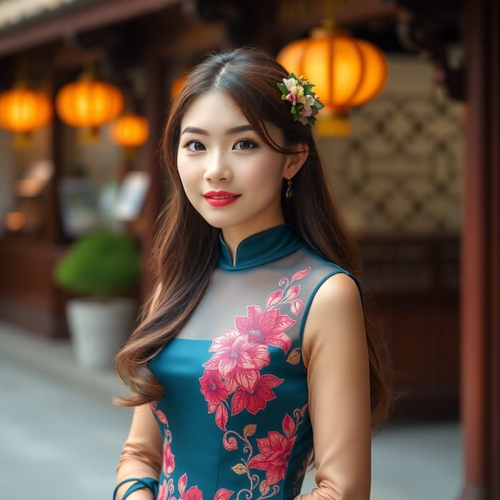 Charming Long-Haired Chinese Girl in Elegant Dress