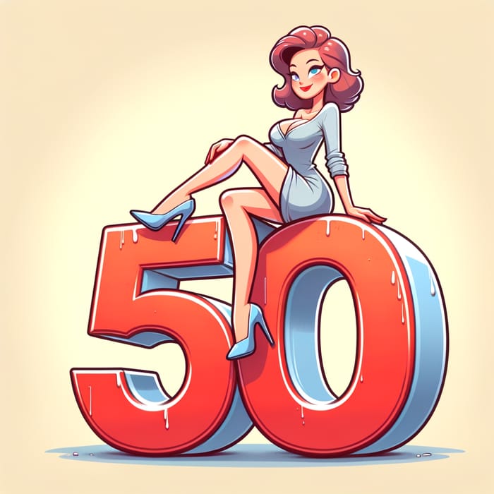 Cartoon-style Woman Sitting on Giant '50' | Fun Illustration