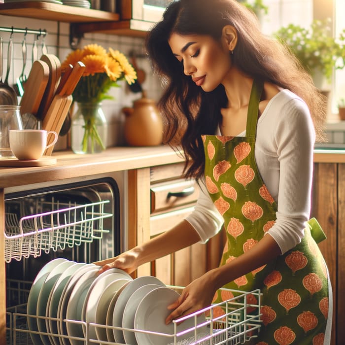 South Asian Woman Unloading Dishwasher in Cozy Kitchen