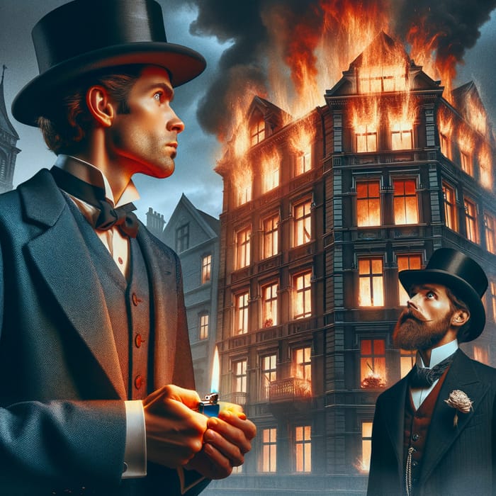 Dramatic Fire Scene: Man in Classic Attire Indifference and Astonishment