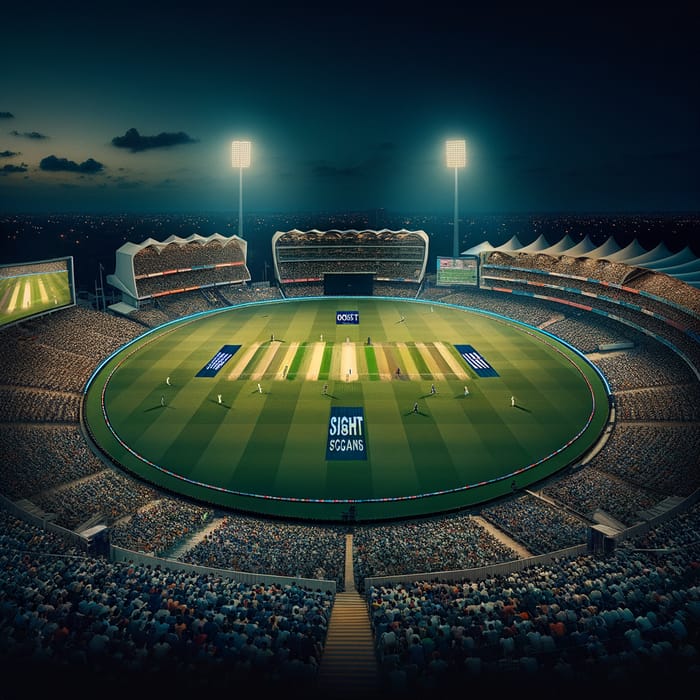 Night View of Cricket Stadium: Spectators and Players under the Stars