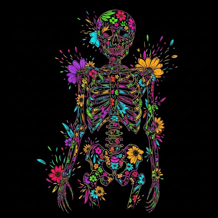 Vibrant Cubist Neon Skeleton Art