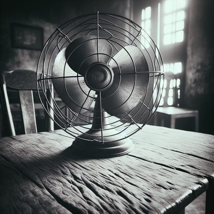 Vintage Electric Fan on Wooden Table: Nostalgic Documentary Photo