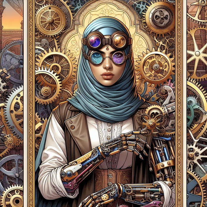 Vivid Steampunk Female Inventor Tarot Card Illustration