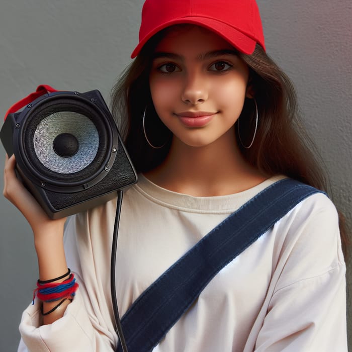 Teenage Girl with Red Cap and Speaker