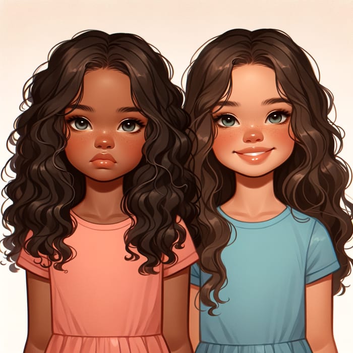 Biracial Twin Girls, Age 10: Pouting and Smiling Sisters - Beautiful Family Portrait