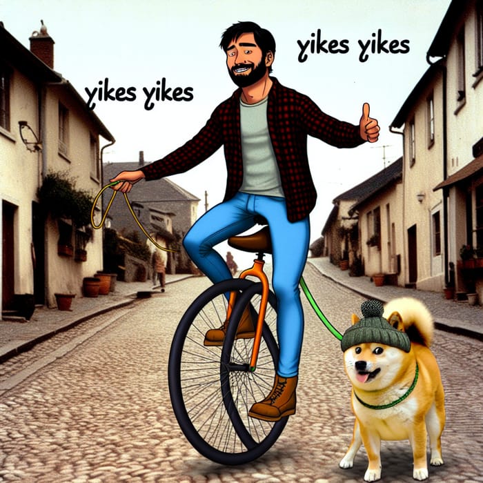 Laid-Back Hispanic Man on Unicycle in Quaint Village with Shiba Inu Dog