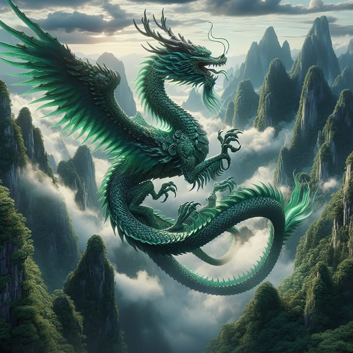 Emerald Chinese Dragon Soaring Through Sky Over Majestic Mountains