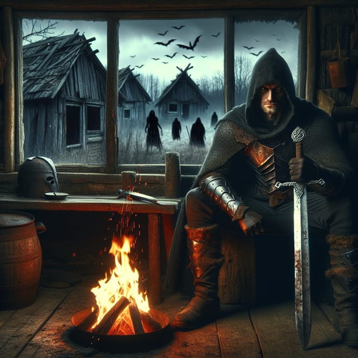 Hooded Warrior with Enormous Sword in Dark Abandoned House