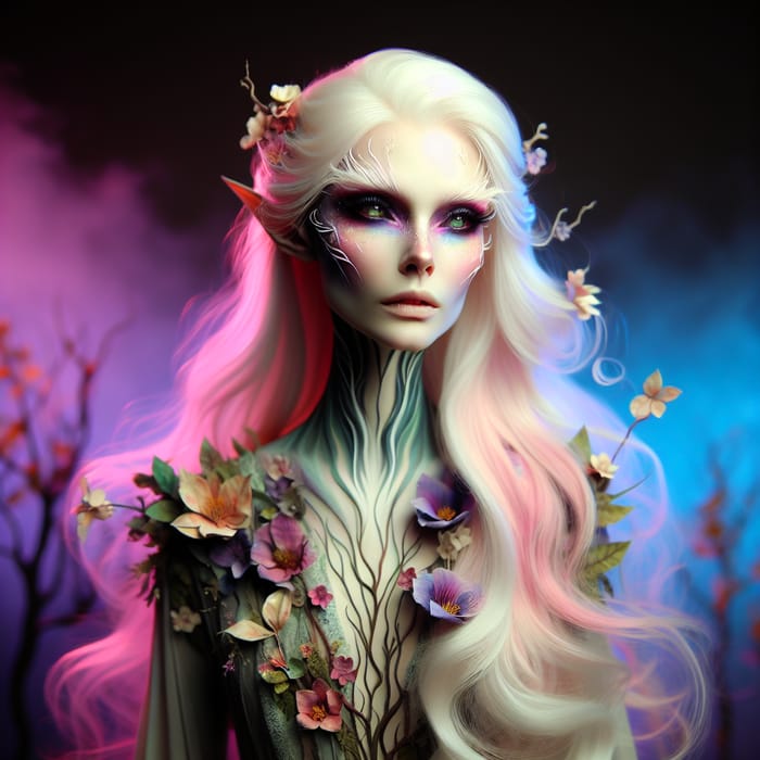 Enchanting Elf Character | White Hair, Green & Purple Eyes, Floral Adornments