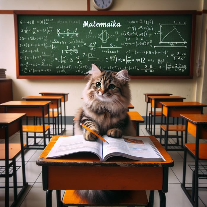 Curious Cat Studying Math in School