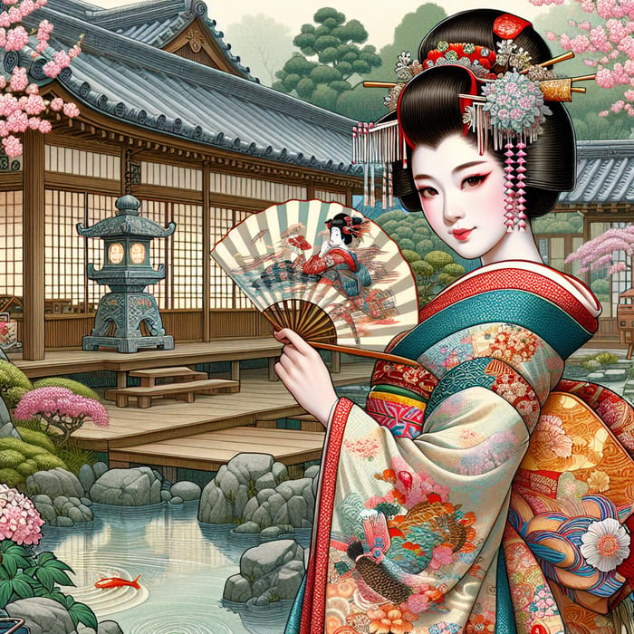 Traditional Geisha in Vibrant Kimono | Japanese Scene