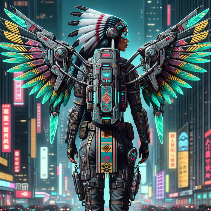 Cyberpunk Native American Police Officer with Jetpack