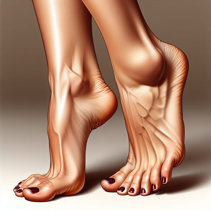 Realistic Female Feet Illustration: Medium Brown Skin with Dark Red Nails