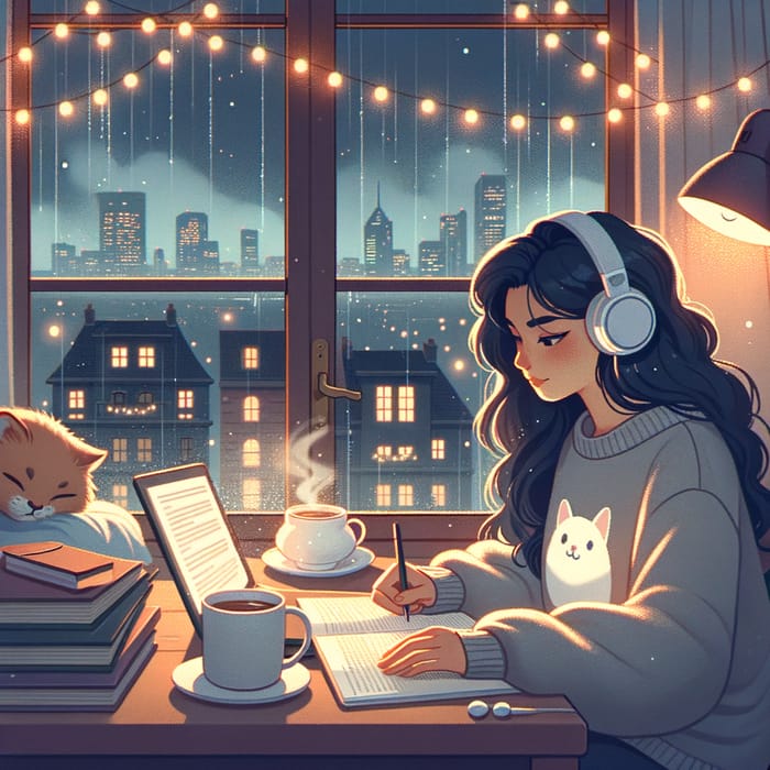 Lofi Theme Girl in Cozy Room - Study Environment