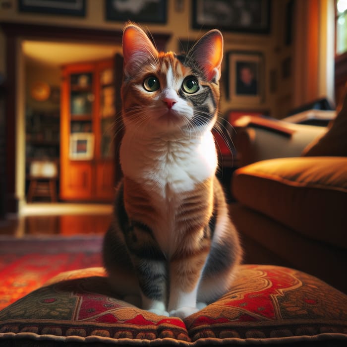 Calico Cat on Plush Pillow in Cozy Living Room