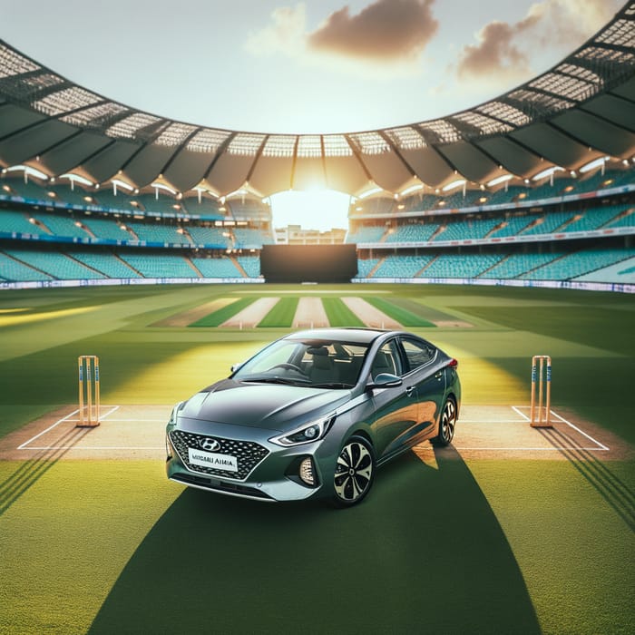 Gray Hyundai Aura Car in Vast Cricket Stadium | Vibrant Scene