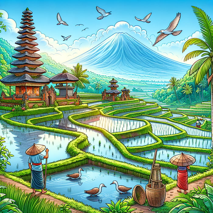 Serene Balinese Rice Terrace Overlooking Volcano