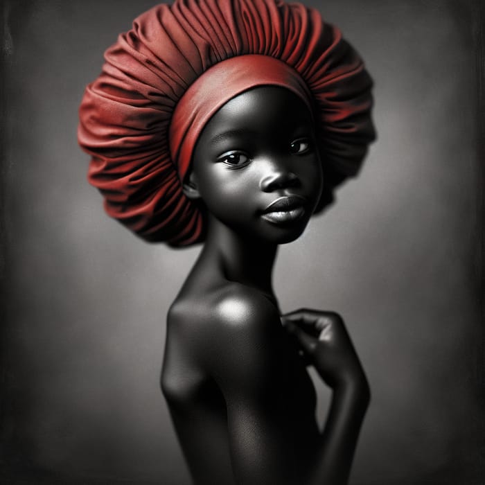 Fine Art Black and White Portrait of Young Black Girl in Red Bonnet