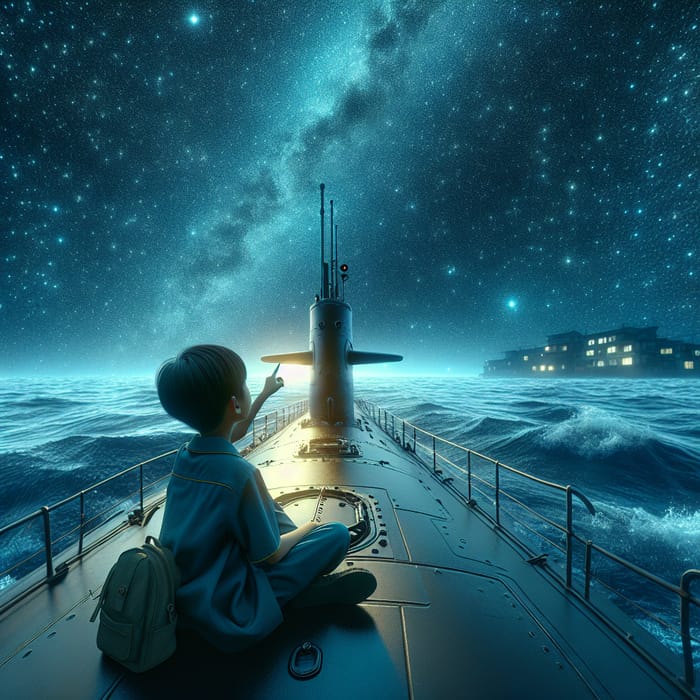 Asian Boy Stargazing from Submarine Deck