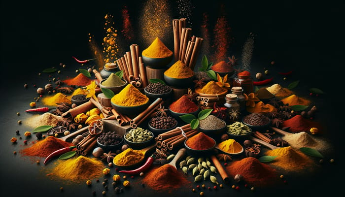 Colorful Spice Array on Dark Background - Spice Bazaar Scene