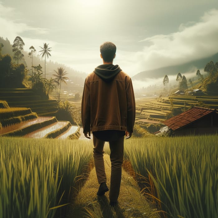 Man Walking in Indonesian Rice Field Landscape