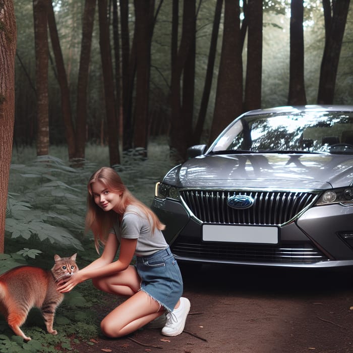 Blonde Girl and Cat Play in Woodland by Grey Sedan Blonde Girl and Cat Play in Woodland by Grey Sedan