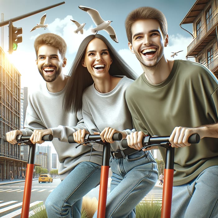 Joyful Slavic People Exploring City on Electric Scooters