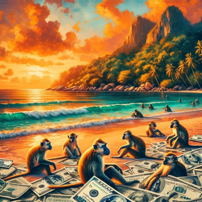 Wealthy Monkeys Relaxing on Tropical Beach with Sunset