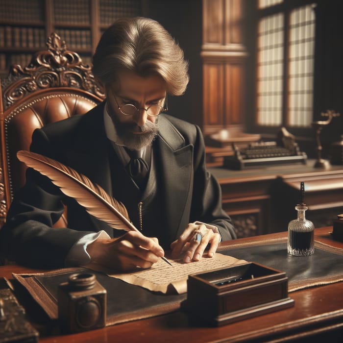 Andrew Jackson Writing at Resolute Desk in Oval Office with Quill Pen