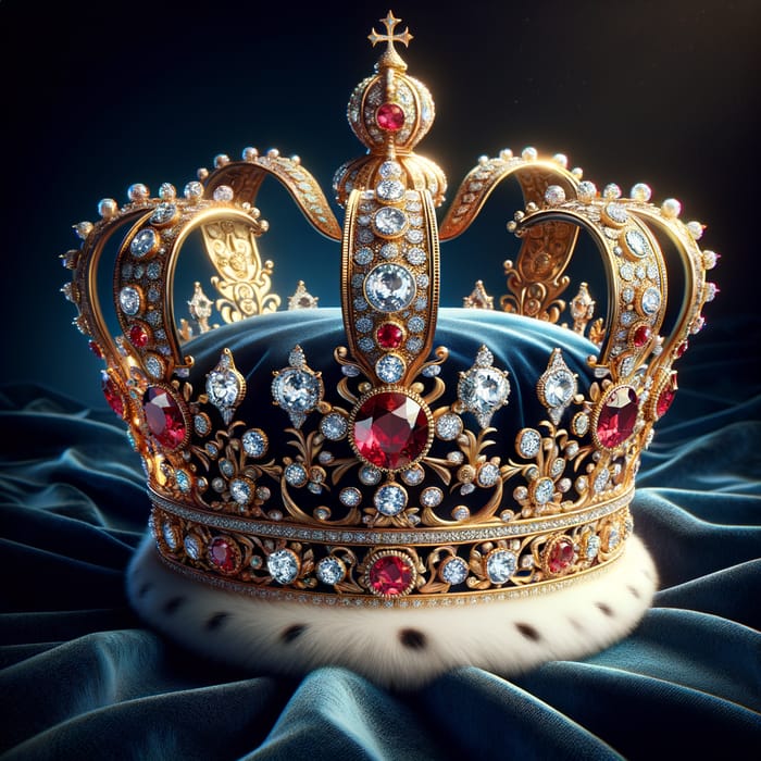 Dazzling Gold Crown with Diamonds and Rubies on Blue Velvet