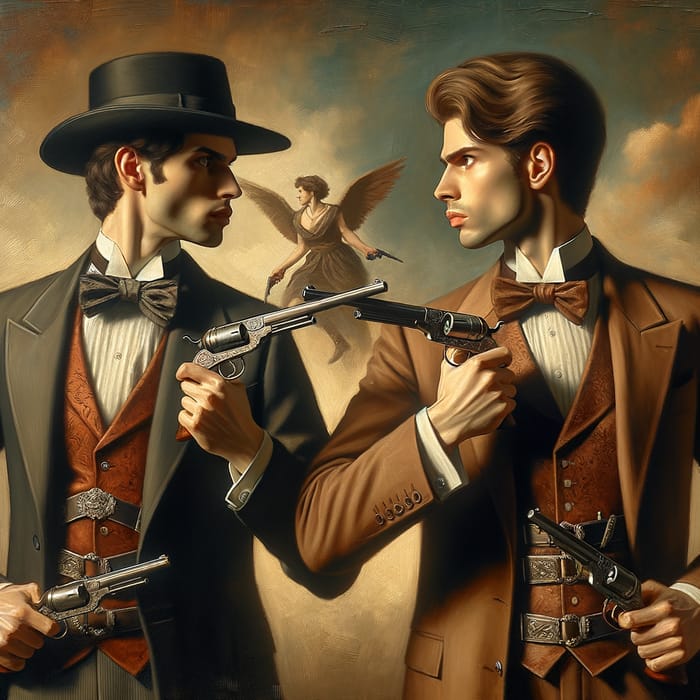 Vintage Duel Scene: Elegantly Dressed Men in Intense Pistol Fight