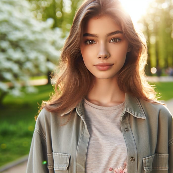 20-Year-Old Woman with Long Brown Hair in Park Setting