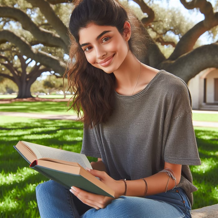 Young Hispanic Girl Reading Book in Sunny Park