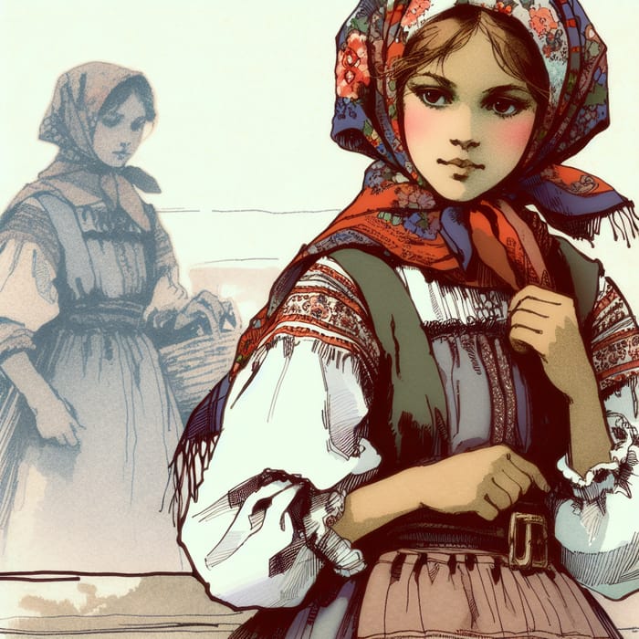 Russian Girl in USSR-Style National Costume: Ink & Watercolor