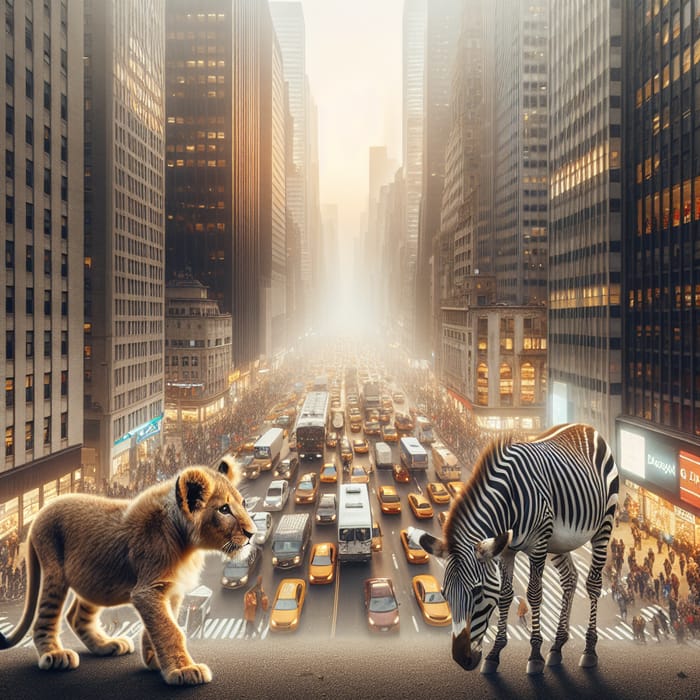 Small Lion Encounter with Zebra in Cityscape