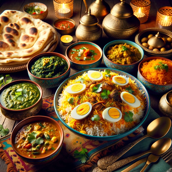 Colorful Traditional Indian Food Spread on Wooden Table