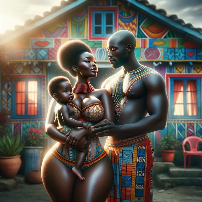 Curvaceous African Family in Front of Colorful Home